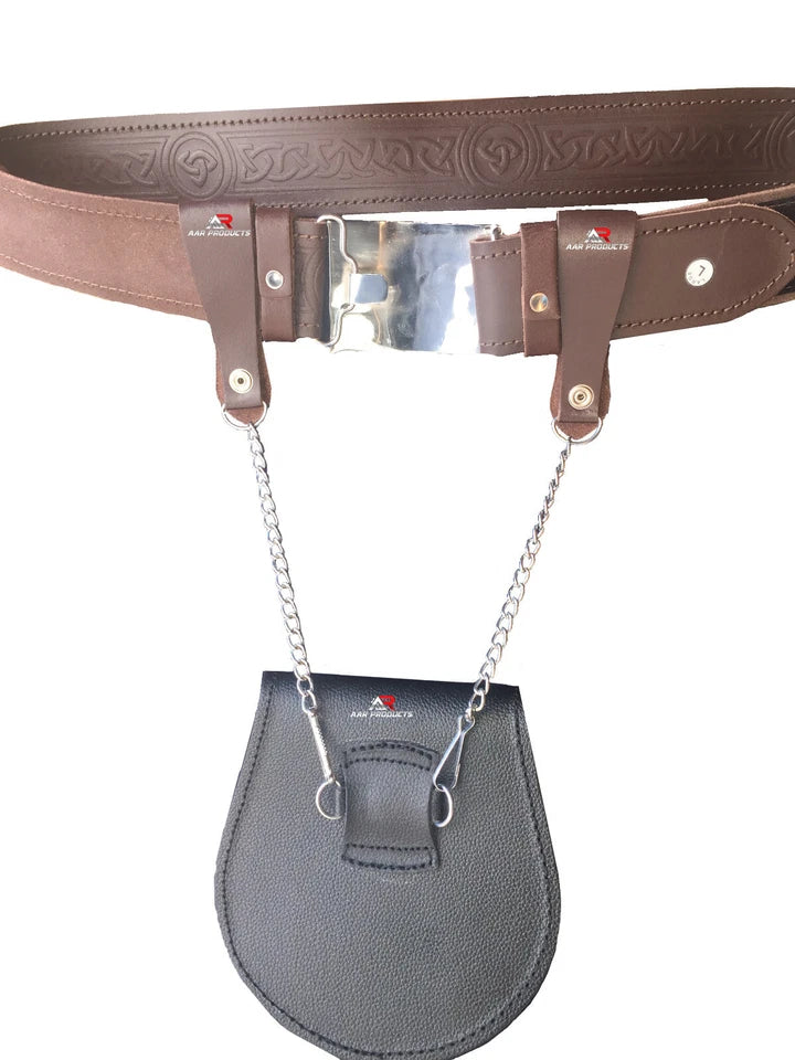 Pair of Sporran Suspenders Black Brown Leather with Heavy Chain & Heavy Hook