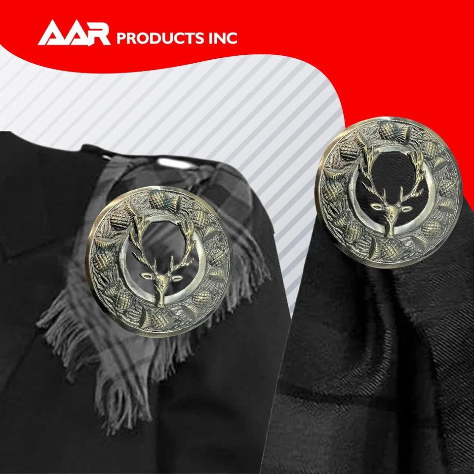 AAR Men,s Scottish Stag Head Kilt Brooch Fly Plaid Antique Chrome Finish 3" (7cm) diameter S