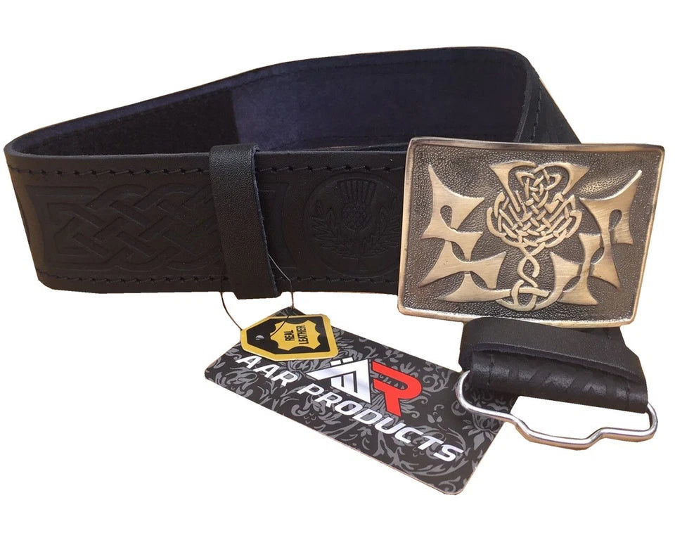 AAR Leather Thistle Kilt Belt Black with Chrome Finish Celtic Buckle | Scottish Highland Belt for Men