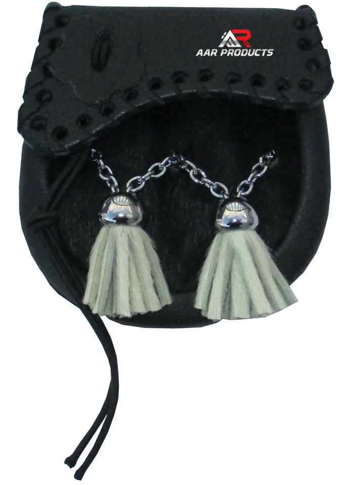 Baby Scottish Cowhide Leather Fur Sporran with Tassels Flap Celtic Design AAR