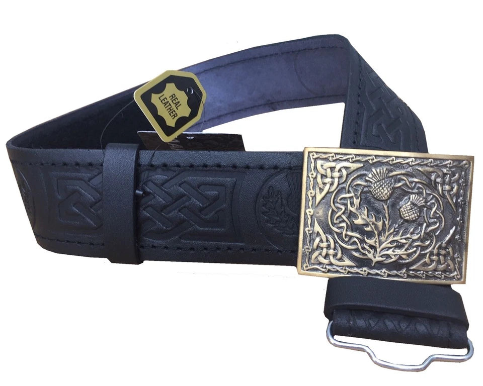 AAR Leather Thistle Kilt Belt Black with Chrome Finish Celtic Buckle | Scottish Highland Belt for Men