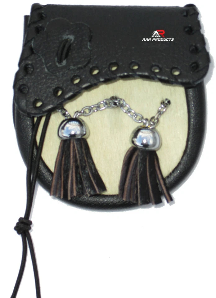 Baby Scottish Cowhide Leather Fur Sporran with Tassels Flap Celtic Design AAR