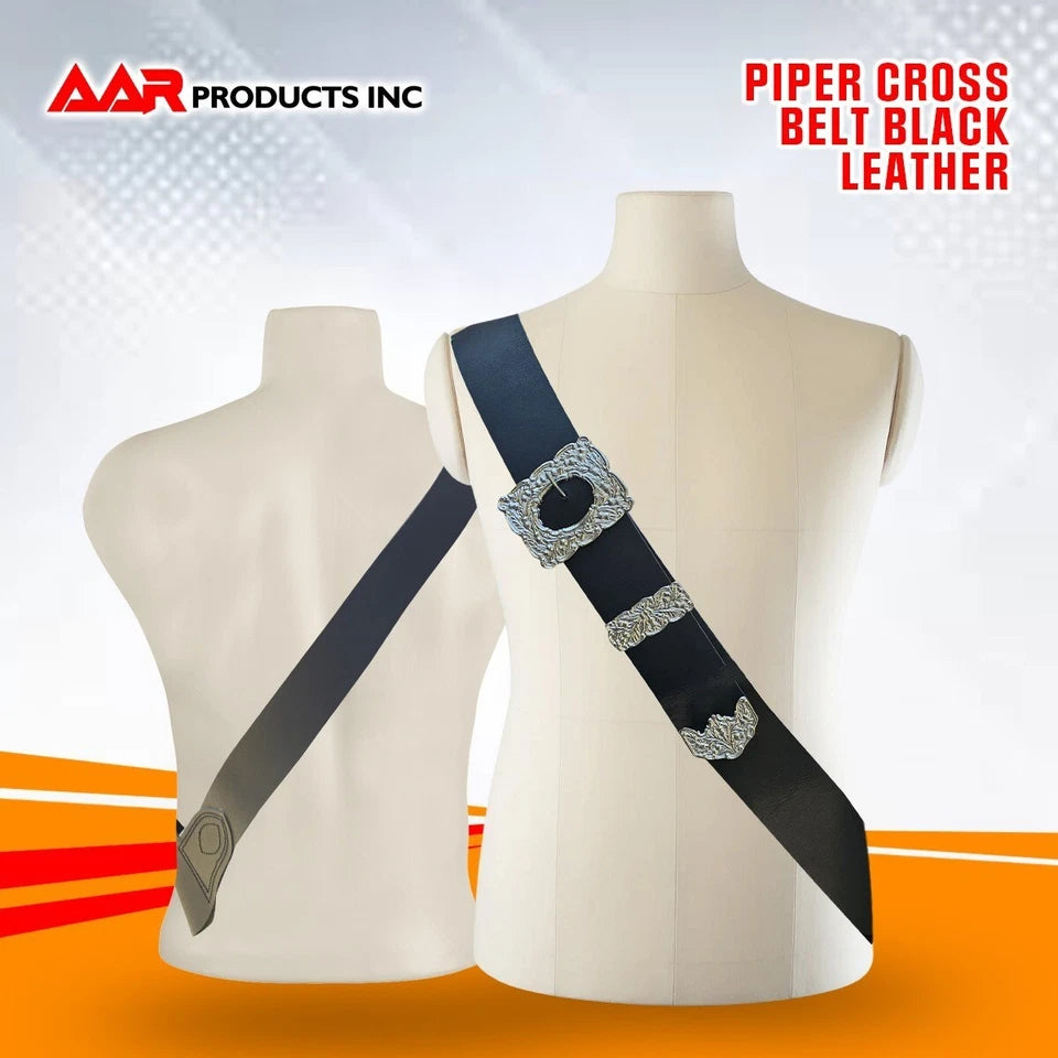 Scottish Bagpipe Piper Cross Belt Klit Black White Leather With Thislt Mount Chrome AAR New