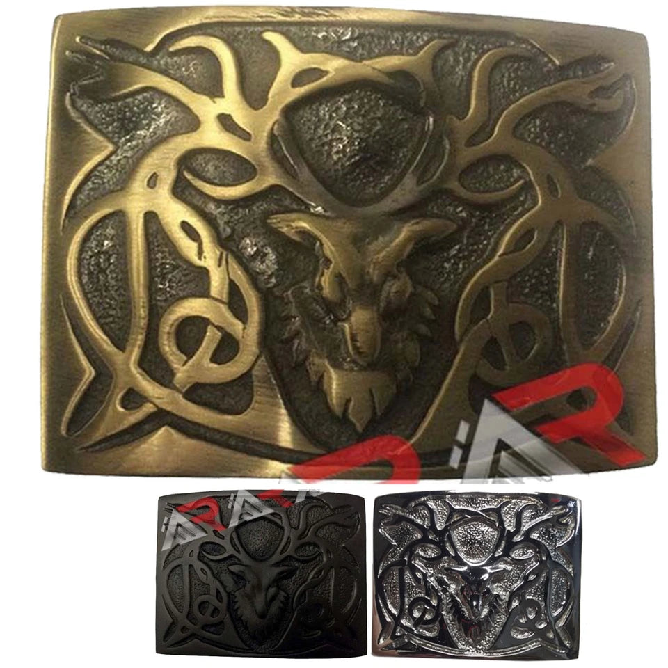 AAR Scottish Kilt Belt Buckle Stag Head Chrome Antique Black Size 3" X 2.2/5"