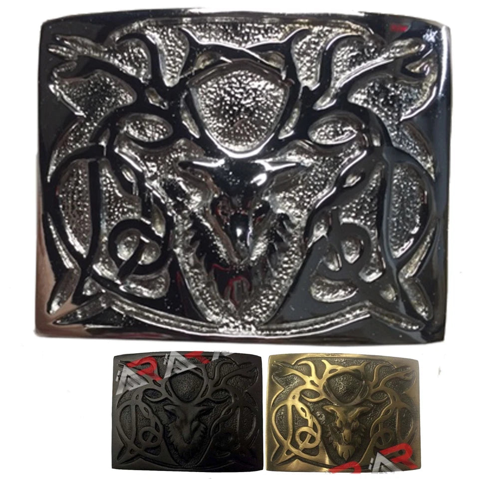 AAR Scottish Kilt Belt Buckle Stag Head Chrome Antique Black Size 3" X 2.2/5"