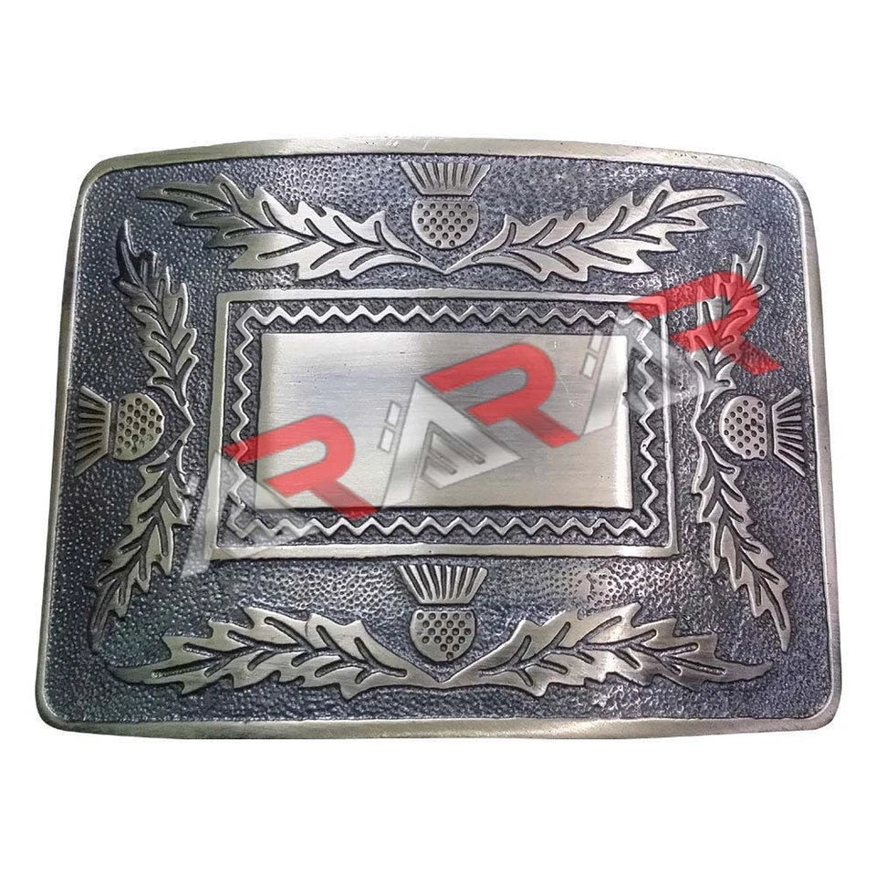 AAR Brand New Celtic Thistle Kilt Buckle in Antique Chrome Jet Black Plated Mirror Design