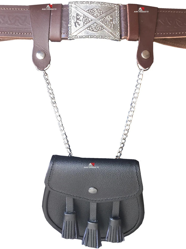 Pair of Sporran Suspenders Black Brown Leather with Heavy Chain & Heavy Hook