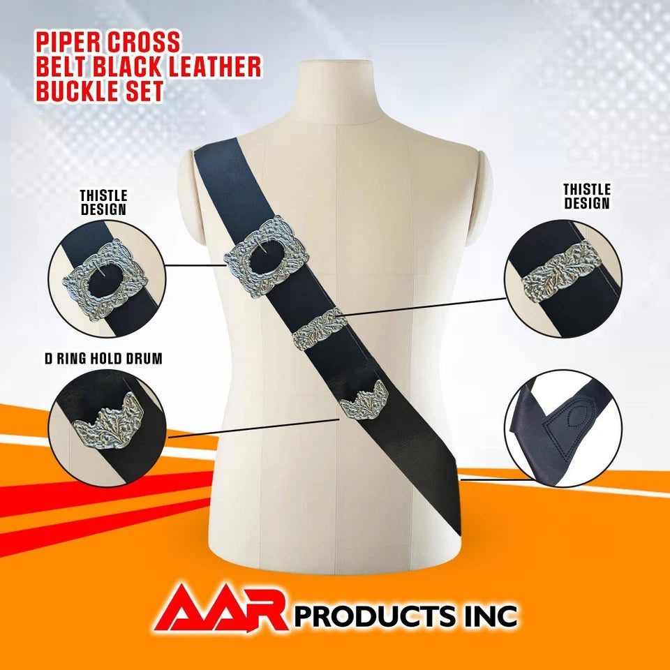 Scottish Bagpipe Piper Cross Belt Klit Black White Leather With Thislt Mount Chrome AAR New