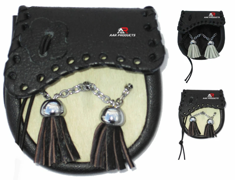 Baby Scottish Cowhide Leather Fur Sporran with Tassels Flap Celtic Design AAR