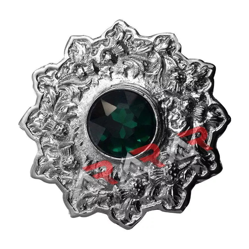 AAR Scottish Kilt Fly Plaid Brooch – Thistle Design with Colored Stones | 4" Chrome Finish Highland Accessory