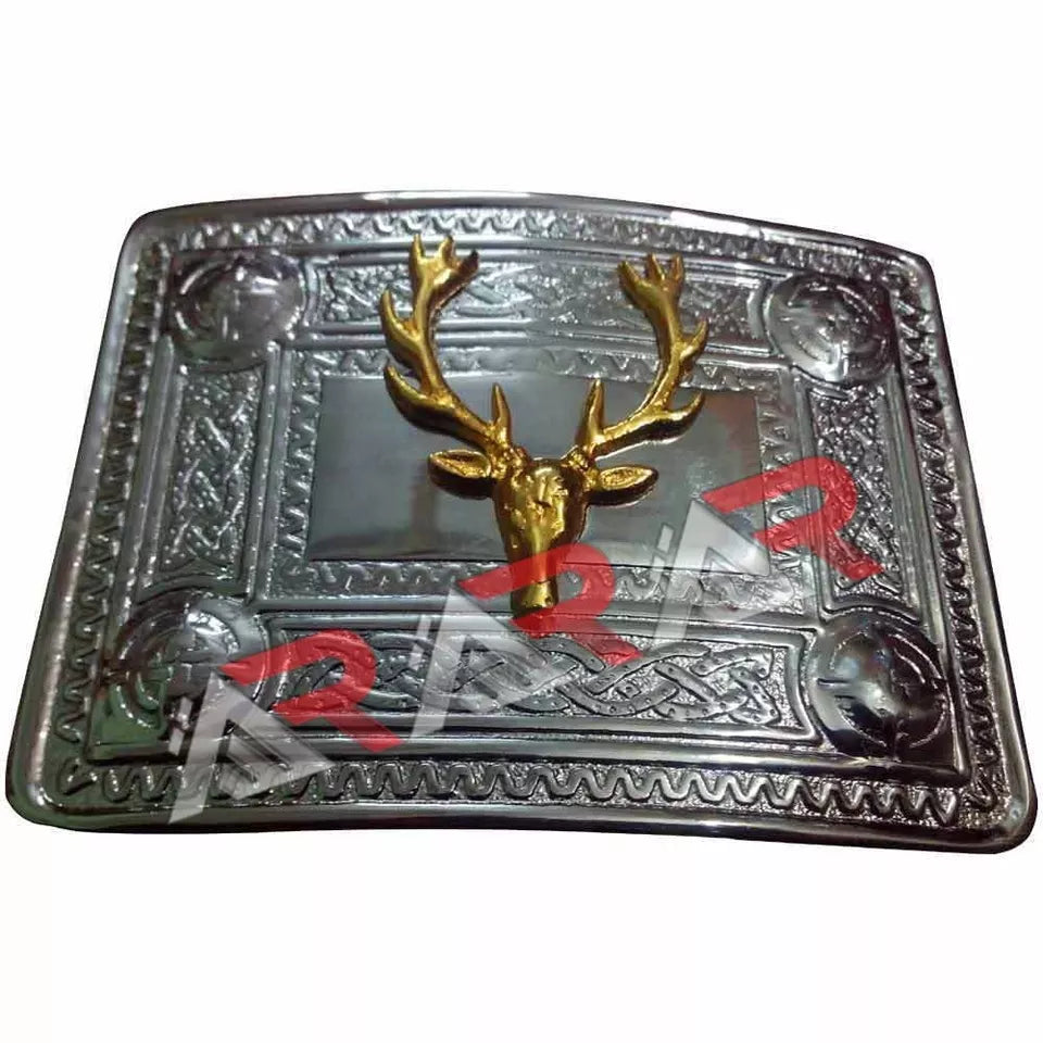 AAR Scottish Kilt Belt Buckle Celtic Design with Different Gold Badges Chrome Finish