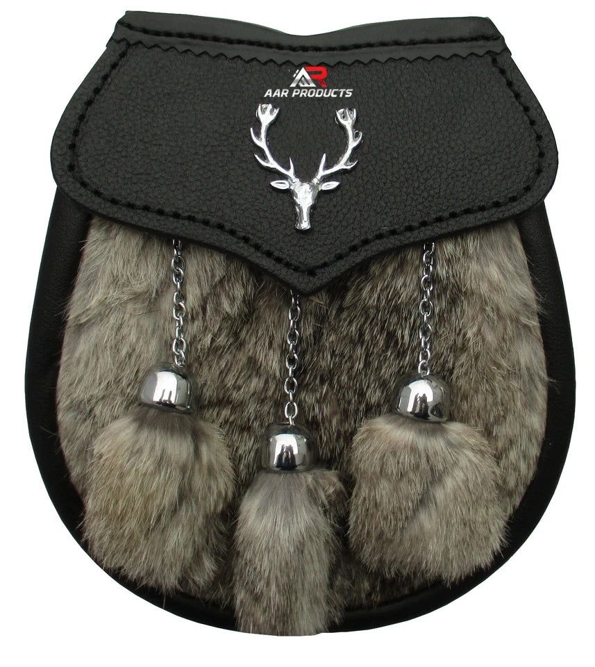 AAR Mens Semi Dress Sporran Brown Rabbit Formal Fur 3 Tassels Leather Belt Chain