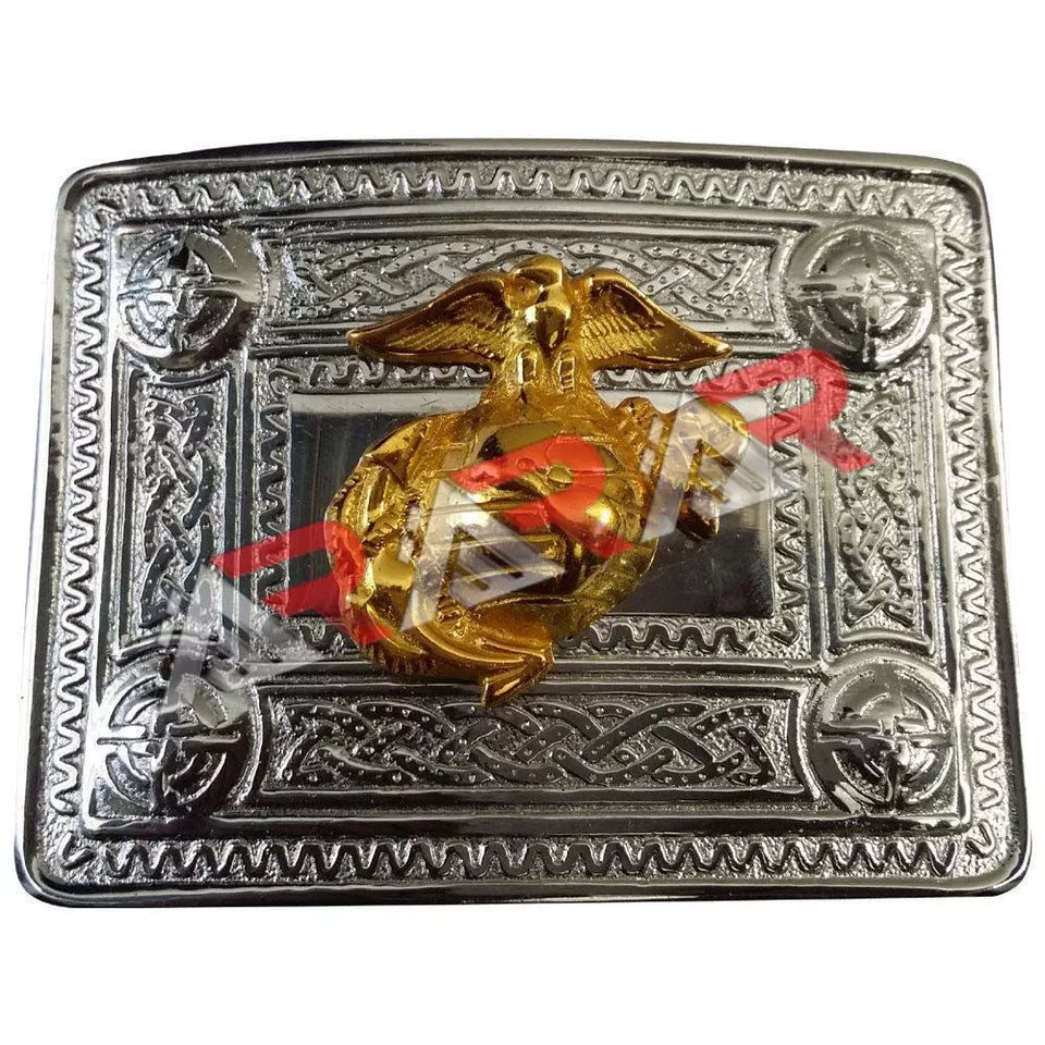 AAR Scottish Kilt Belt Buckle Celtic Design with Different Gold Badges Chrome Finish