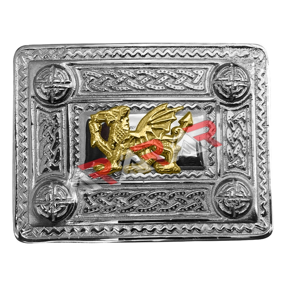 AAR Scottish Kilt Belt Buckle Celtic Design with Different Gold Badges Chrome Finish