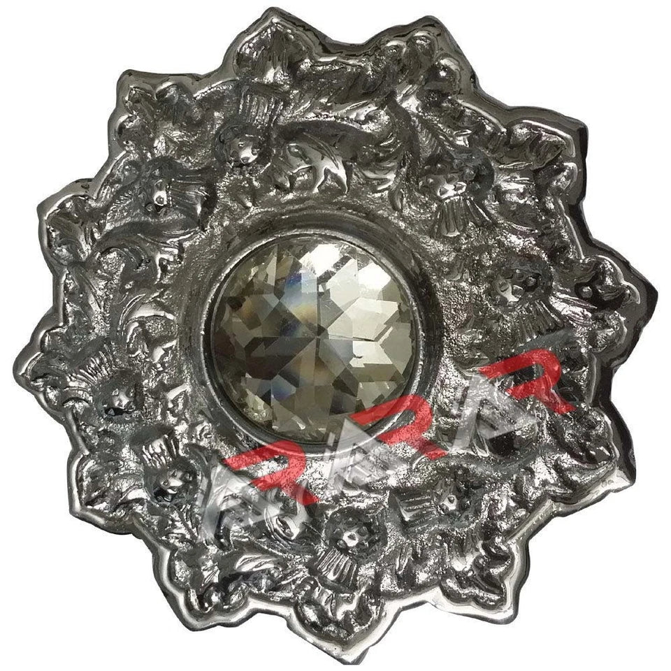 AAR Scottish Kilt Fly Plaid Brooch – Thistle Design with Colored Stones | 4" Chrome Finish Highland Accessory