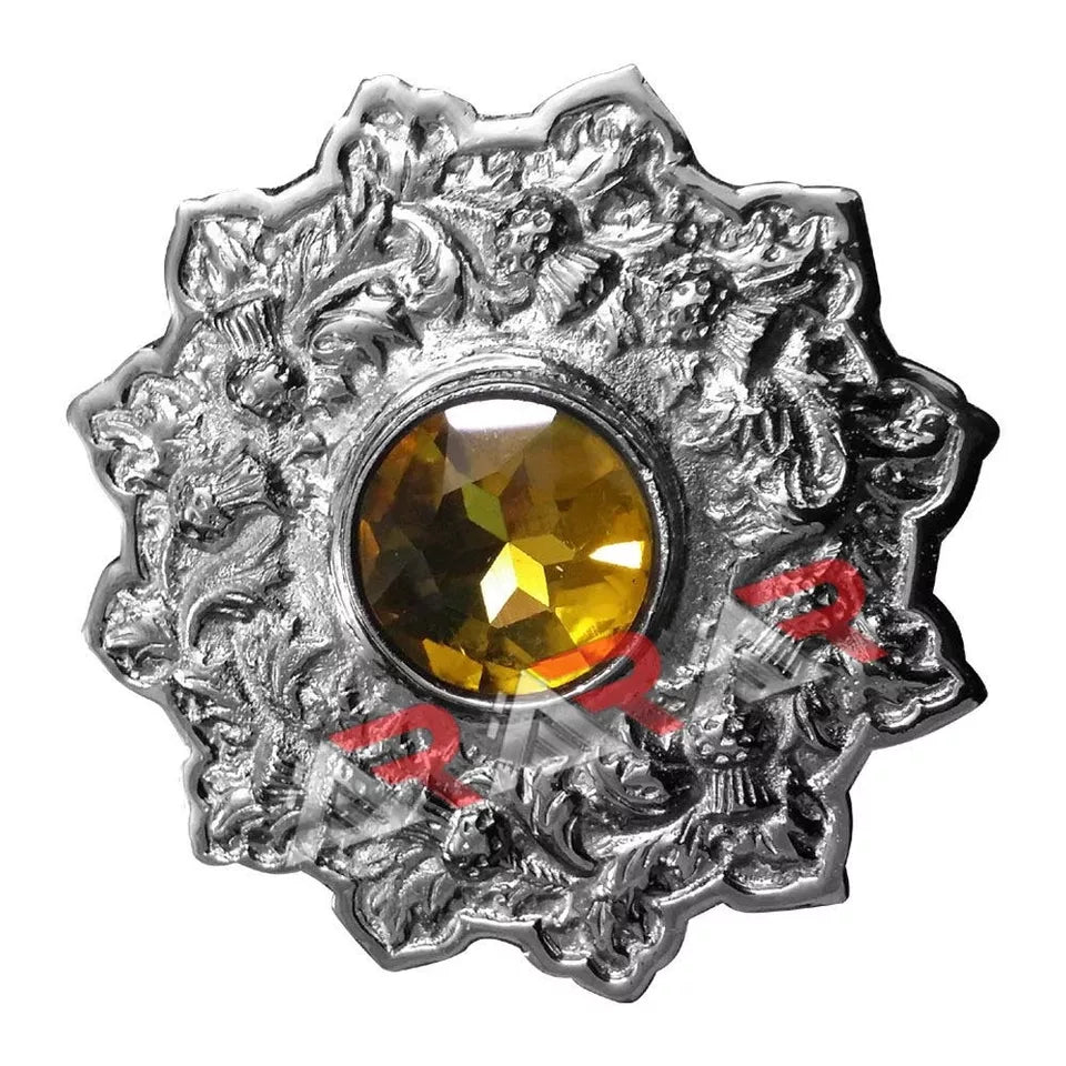 AAR Scottish Kilt Fly Plaid Brooch – Thistle Design with Colored Stones | 4" Chrome Finish Highland Accessory