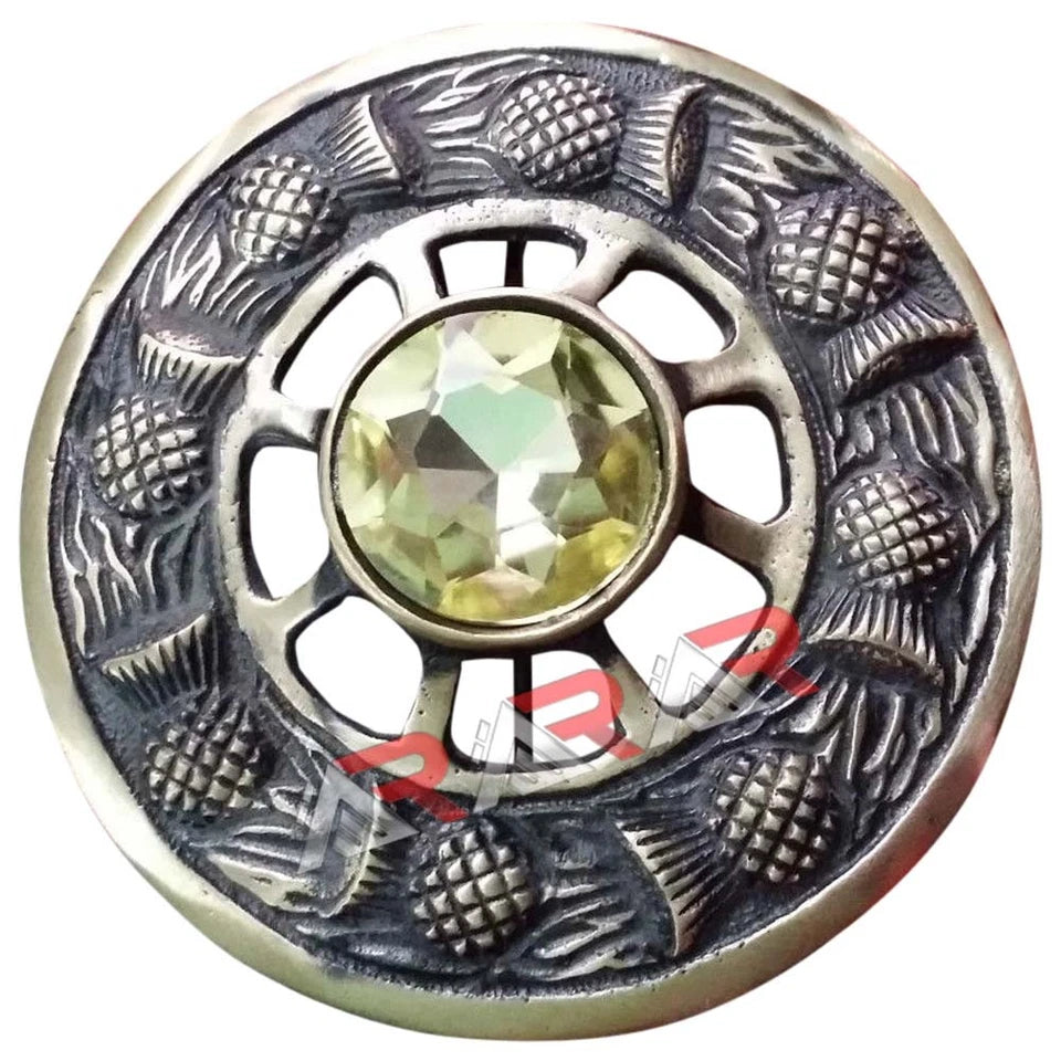 AAR Scottish Highland Kilt Fly Plaid Brooch Thistle Design Antique Finish 3 inch