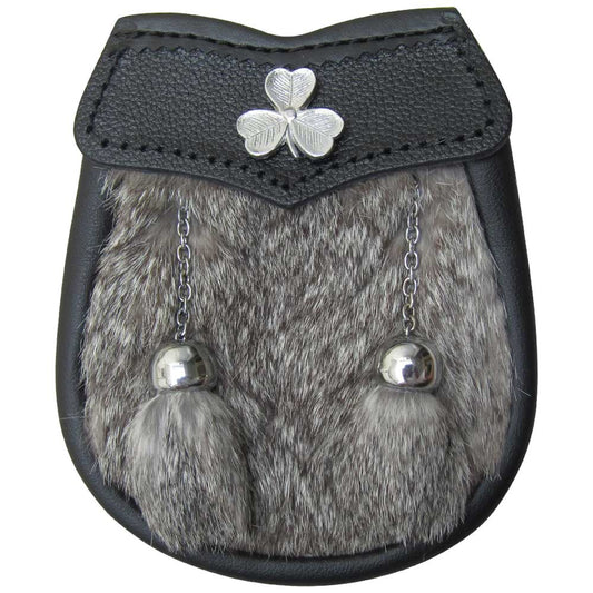 AAR Brand New Baby Grey Fur Sporran with Shamrock Badge