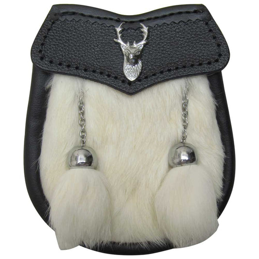 AAR Brand New Baby White Fur Sporran with Stag Head Badge