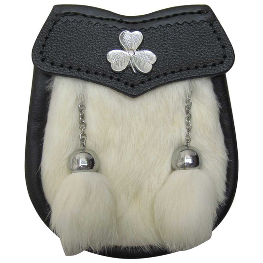 AAR Brand New Baby White Fur Sporran with Shamrock Badge