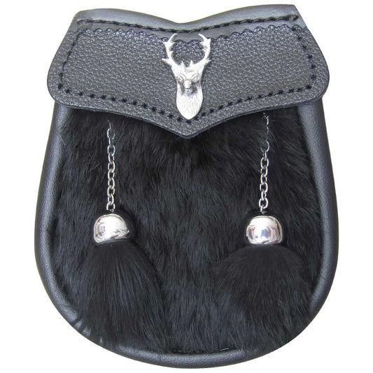 AAR Brand New Baby Black Fur Sporran with Stag Head Badge