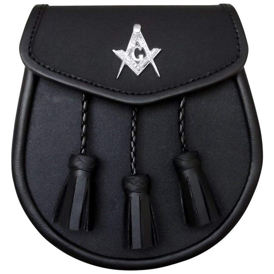 AAR Proved Quality Black Leather Sporran with 3 Tassels & Masonic Badge on Front