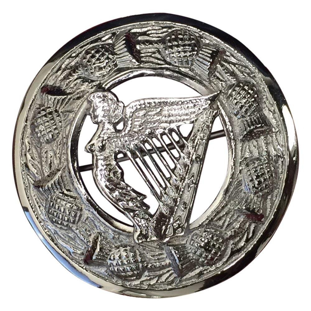 AAR Men,s Scottish Irish Harp Kilt Brooch Fly Plaid Chrome Finish 3" (7cm) diameter T