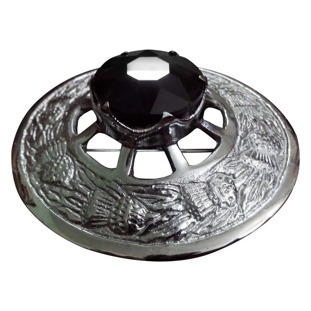 AAR Men Scottish Thistle Fly Plaid Brooch Black Stone Chrome Finish 3" (7cm) diam