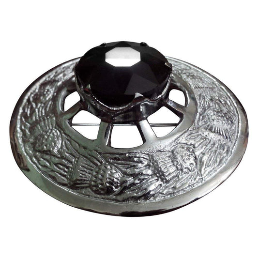 AAR Men Scottish Thistle Fly Plaid Brooch Black Stone Chrome Finish 3" (7cm) diam