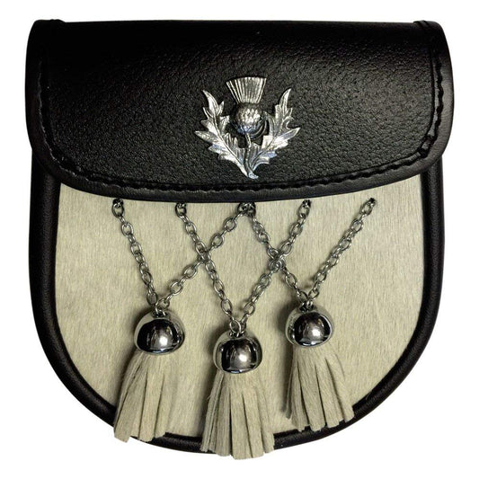 AAR Scottish Celtic White Fur Sporran with 3 V Tassels Double Chain & Thistle Badge