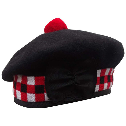 New Scottish Highland 3 color Diced Black Wool Balmoral With Red Pompom on Top