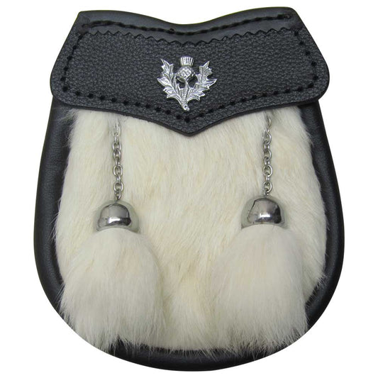AAR Brand New Baby White Fur Sporran with Thistle Badge