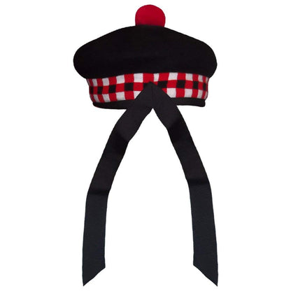 New Scottish Highland 3 color Diced Black Wool Balmoral With Red Pompom on Top