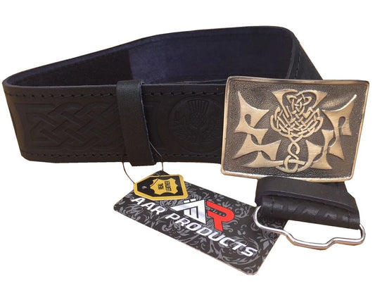 AAR Leather Thistle Design Kilt Belt – Black with Antique Finish Celtic Buckle | Scottish Highland Belt