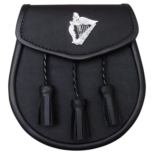 B New Black Leather Sporran with 3 Tassels & Harp Badge on Front