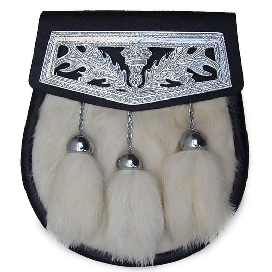 Brand New Celtic Design White Fur Sporran with 3 White Fur Tassels & Thistle Plate