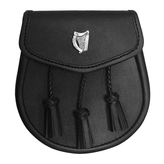 Brand New Black Leather Sporran with 3 Tassels & Irish Celtic Harp Badge on Front
