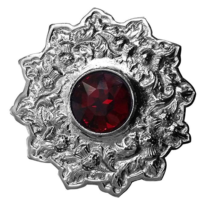 AAR Men's Scottish Kilt Fly plaid Brooch 4" Thistle Design Red Stone Chrome Finish