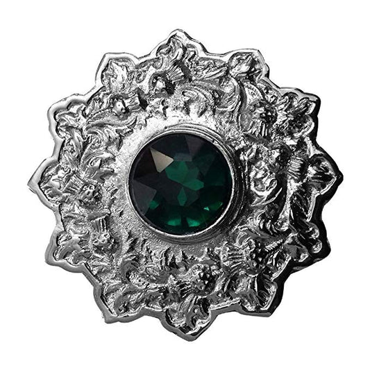AAR Men's Scottish Kilt Fly plaid Brooch 4" Thistle Design Green Stone Chrome Finish
