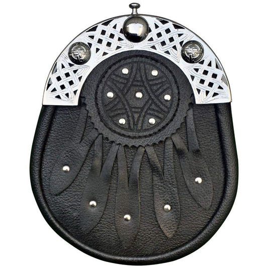 Brand New Celtic Design Black Leather Sporran With Celtic Cantel