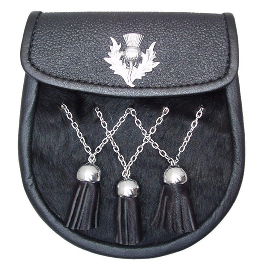 AAR Scottish Celtic Black Fur Sporran with 3 V Tassels Double Chain & Thistle Badge