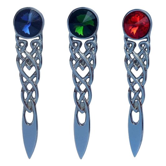 AAR Celtic Knot Kilt Pin – Chrome Finish with Red, Blue, or Green Gemstone – Traditional Scottish Highland Accessory