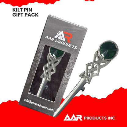 Kilt Pin Scottish Celtic Knot Stone Chrome Finish Green Stone