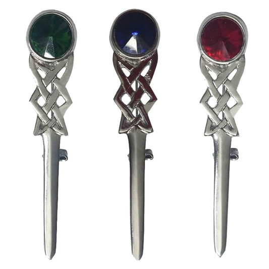 AAR Scottish Kilt Pin – Celtic Knot Chrome Finish with Red, Blue, or Green Stone – Highland Accessory for Kilts