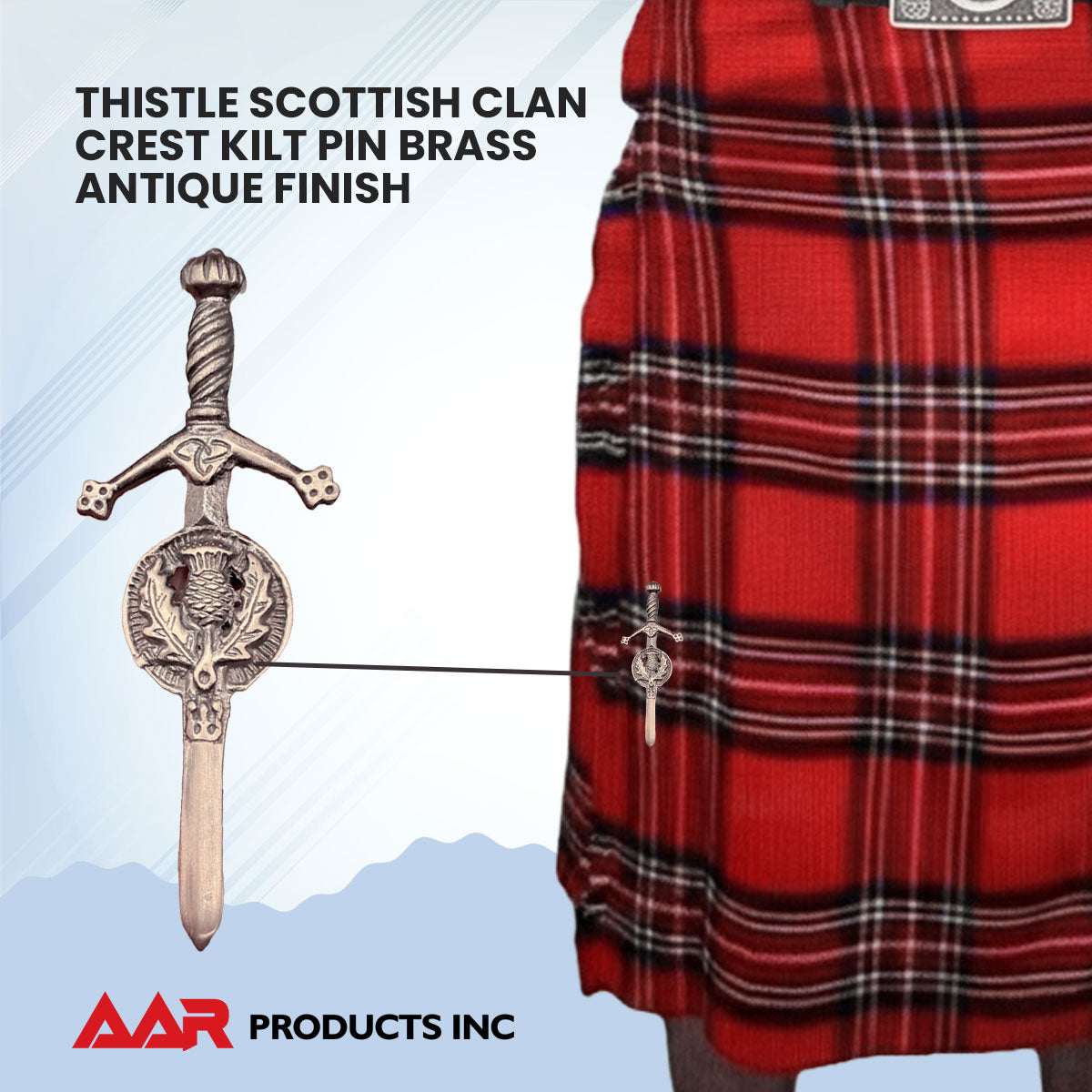 Celtic Kilt Pin with Thistle Badge Design Antique and Chrome Finish