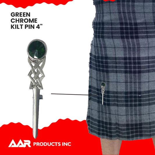 Kilt Pin Scottish Celtic Knot Stone Chrome Finish Green Stone