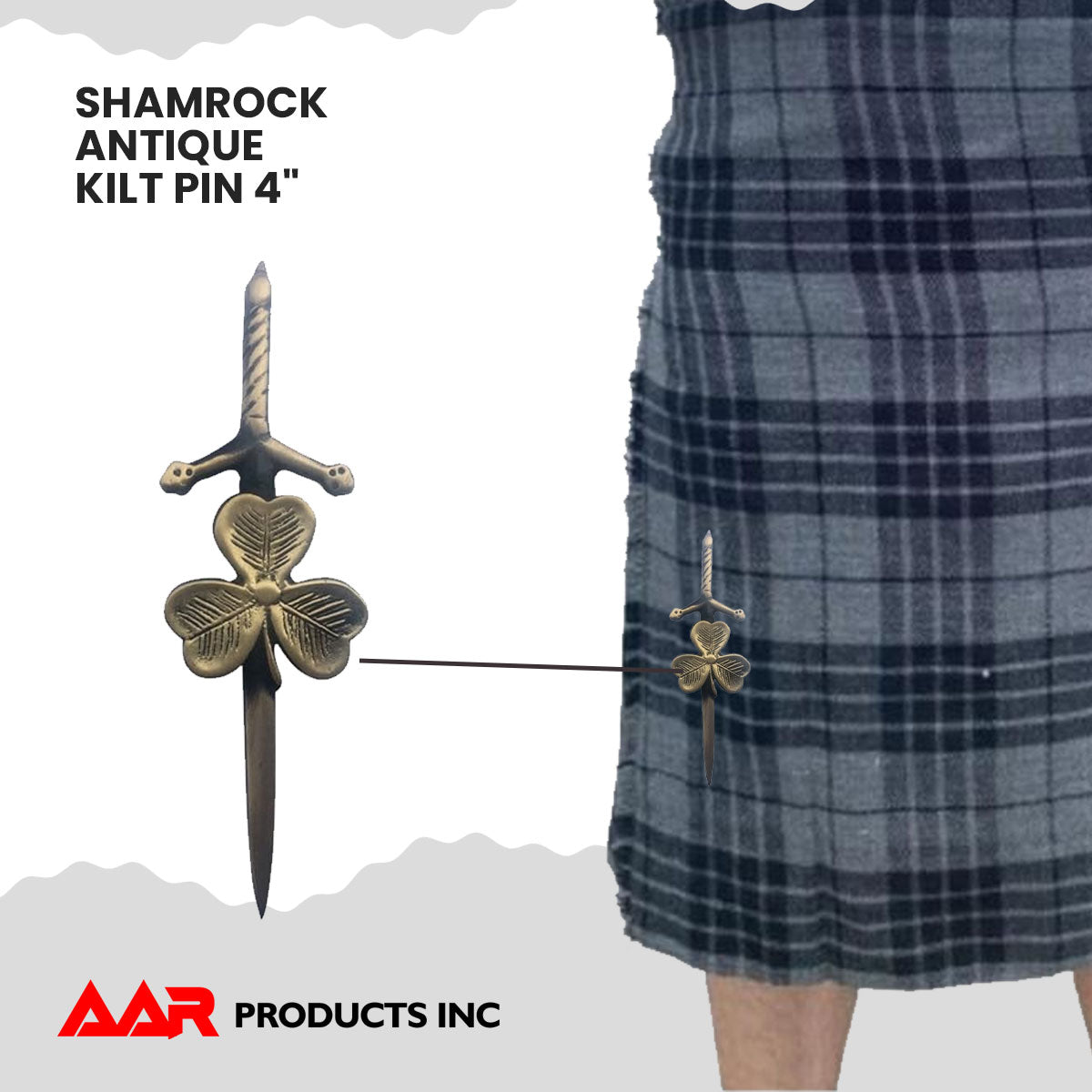 Shamrock Kilt AAR Pin Celtic Highland Design, 4-Inch with Locking Antique Chrome Pin Scottish Kilt Accessory