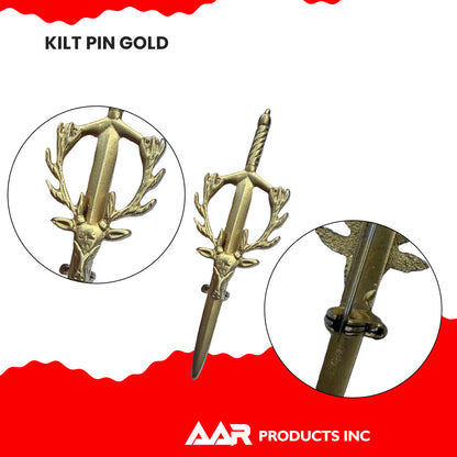 Scottish Kilt Pins Stag Head Highland Swivel Fastening Gold Finish
