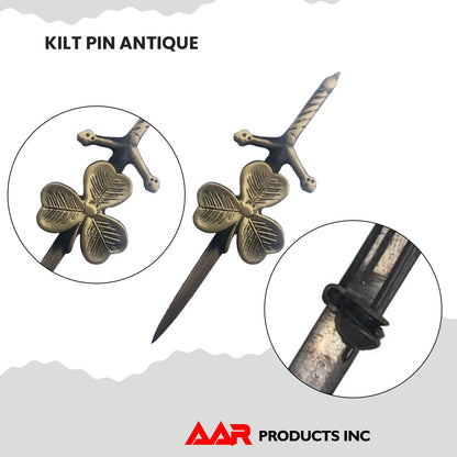 Shamrock Kilt AAR Pin Celtic Highland Design, 4-Inch with Locking Antique Chrome Pin Scottish Kilt Accessory