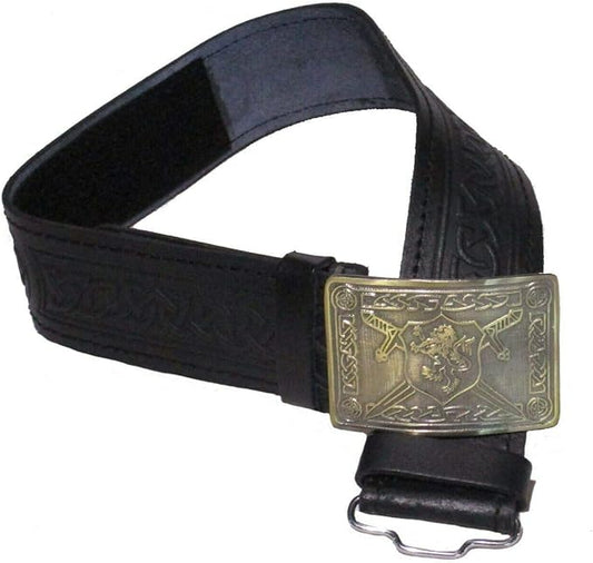 Leather Celtic Kilt Belt with Antique Finish Buckle Scottish Highland Black & Brown